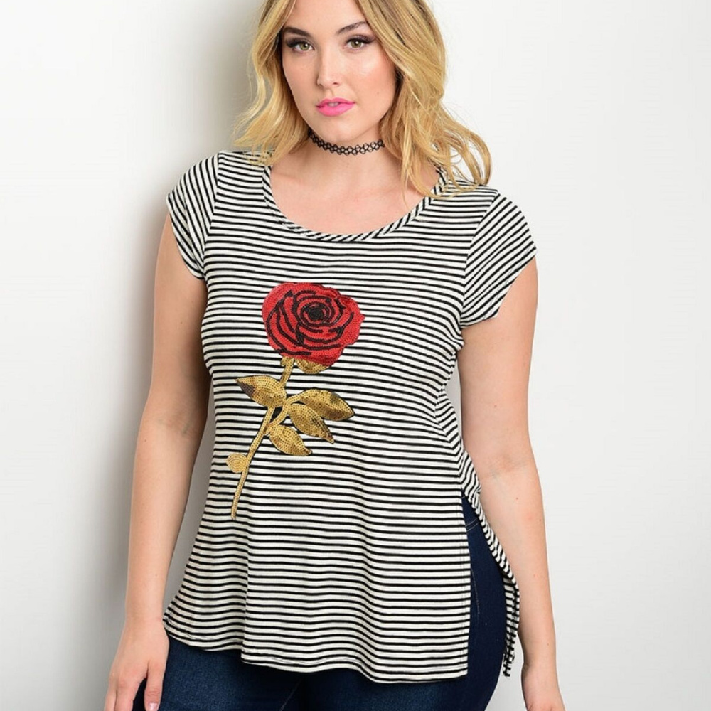 Check It Out Plus Women's Top Striped Sequin-Rose Short-Sleeve Size 1XL